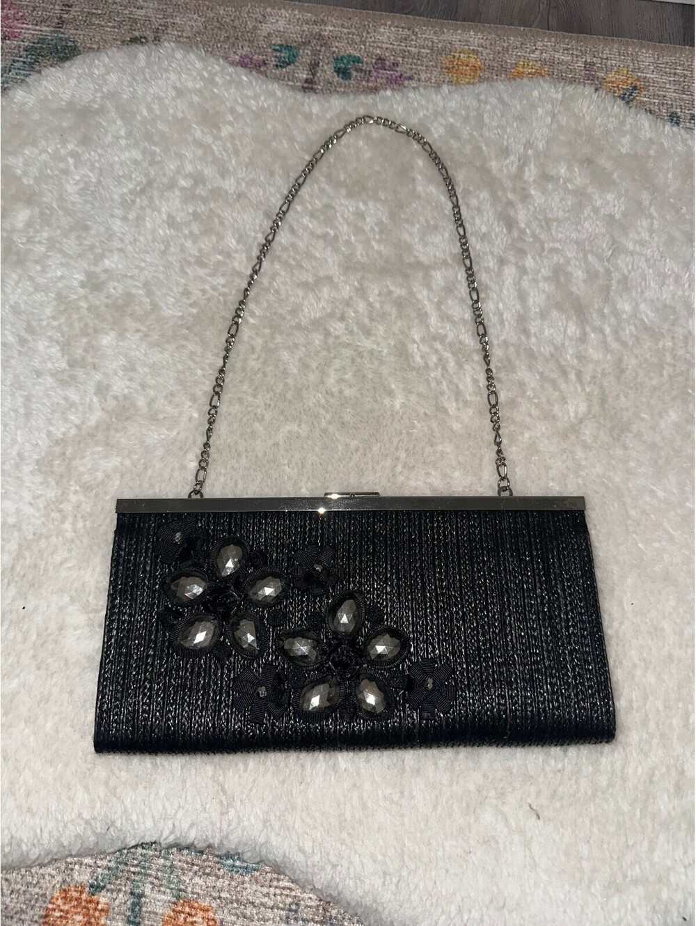 White House Black Market Black Beaded Evening Clutch with Chain Strap - Picture 5 of 5